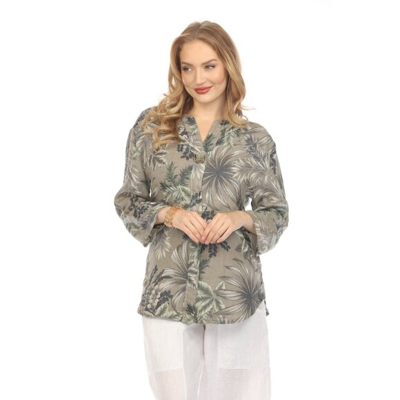 Taupe Leaf Print V-Neck Button Top - Picture 5 of 7